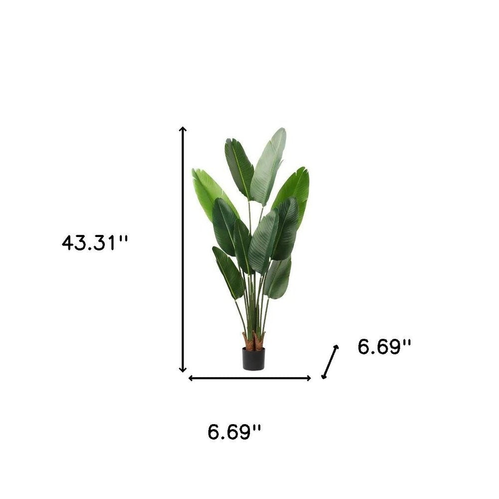 7" Green Artificial Banana Leaf In Cylindrical Black Cement Pot