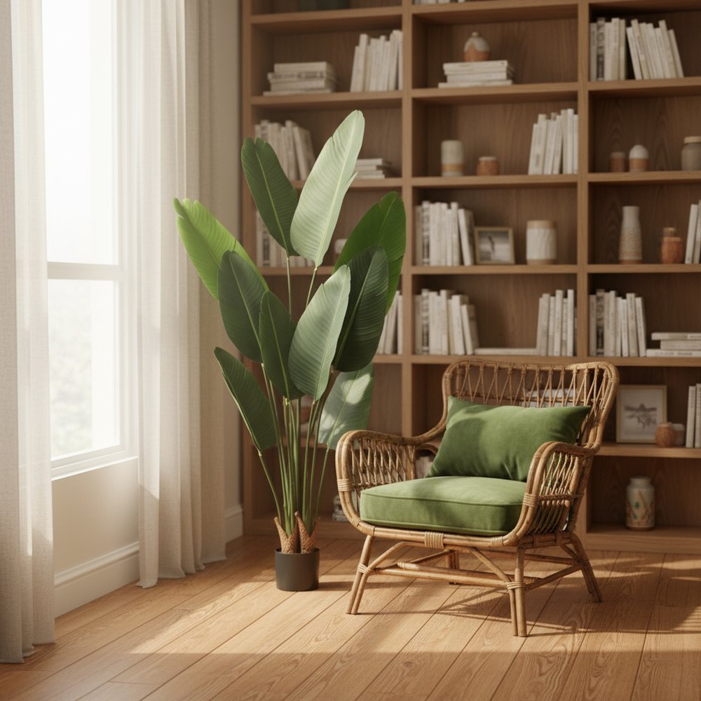 7" Green Artificial Banana Leaf In Cylindrical Black Cement Pot