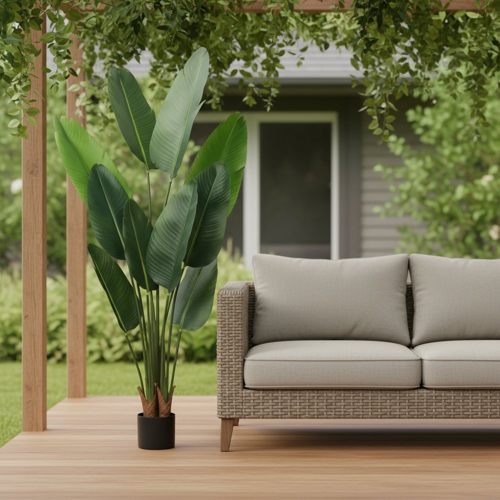 7" Green Artificial Banana Leaf In Cylindrical Black Cement Pot