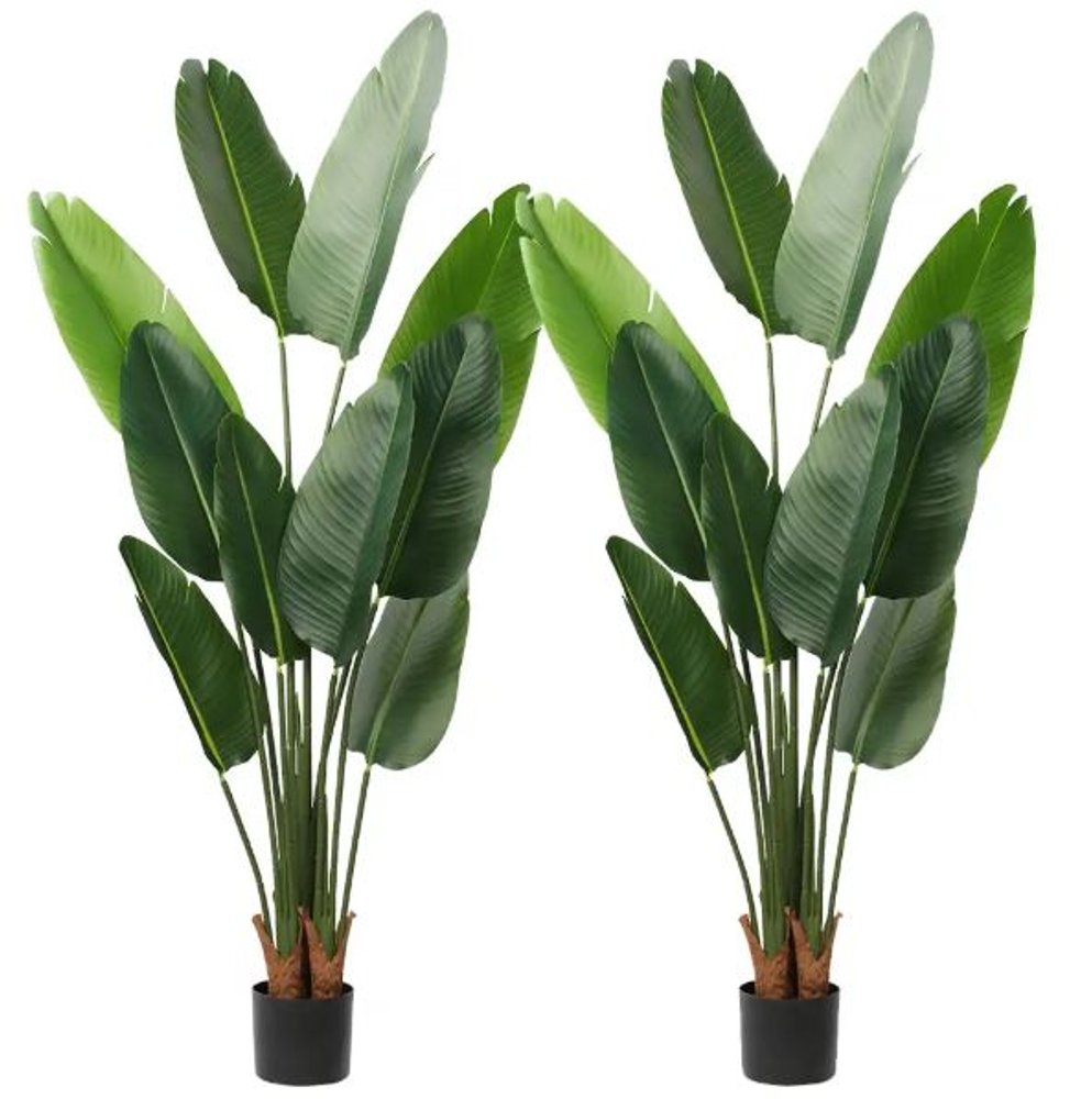 Set of Two 7" Green Artificial Banana Leaf In Cylindrical Black Cement Pot
