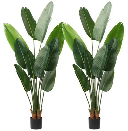Set of Two 7" Green Artificial Banana Leaf In Cylindrical Black Cement Pot