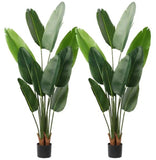 Set of Two 7" Green Artificial Banana Leaf In Cylindrical Black Cement Pot