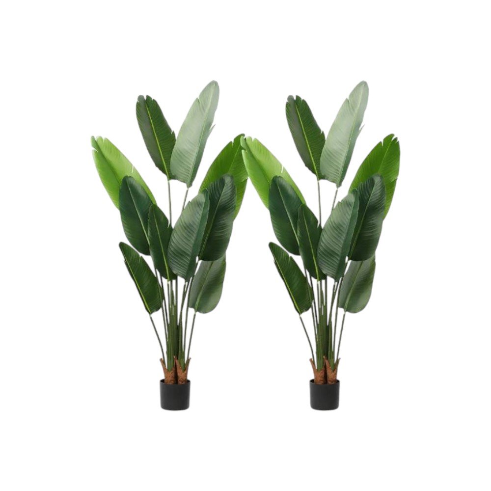 Set of Two 7" Green Artificial Banana Leaf In Cylindrical Black Cement Pot