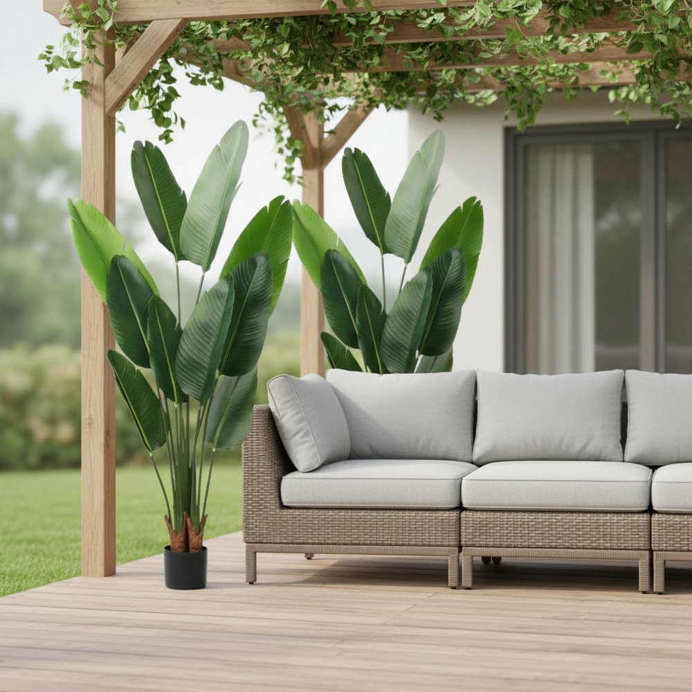 Set of Two 7" Green Artificial Banana Leaf In Cylindrical Black Cement Pot