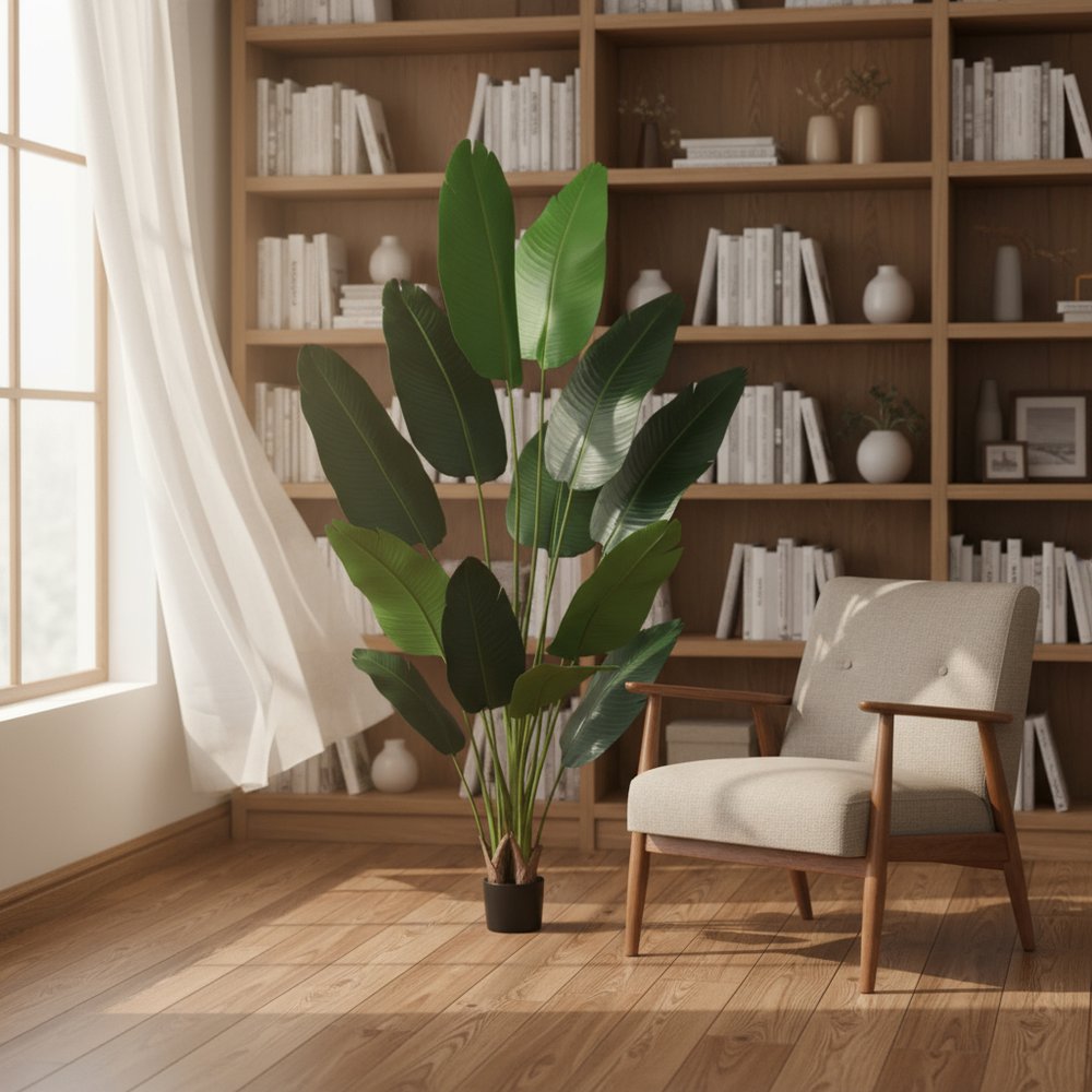 Set of Two 7" Green Artificial Banana Leaf In Cylindrical Black Cement Pot