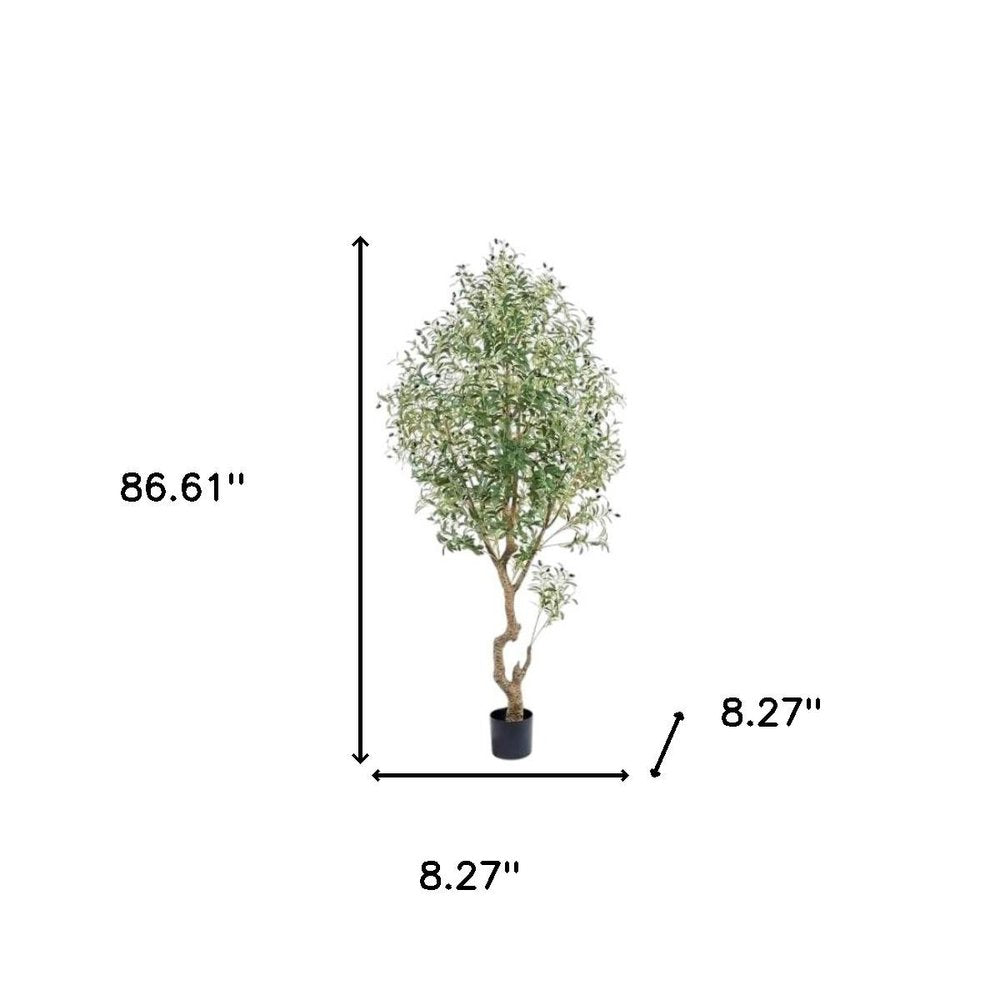 87" Green Artificial Olive Tree In Cylindrical Black Cement Pot