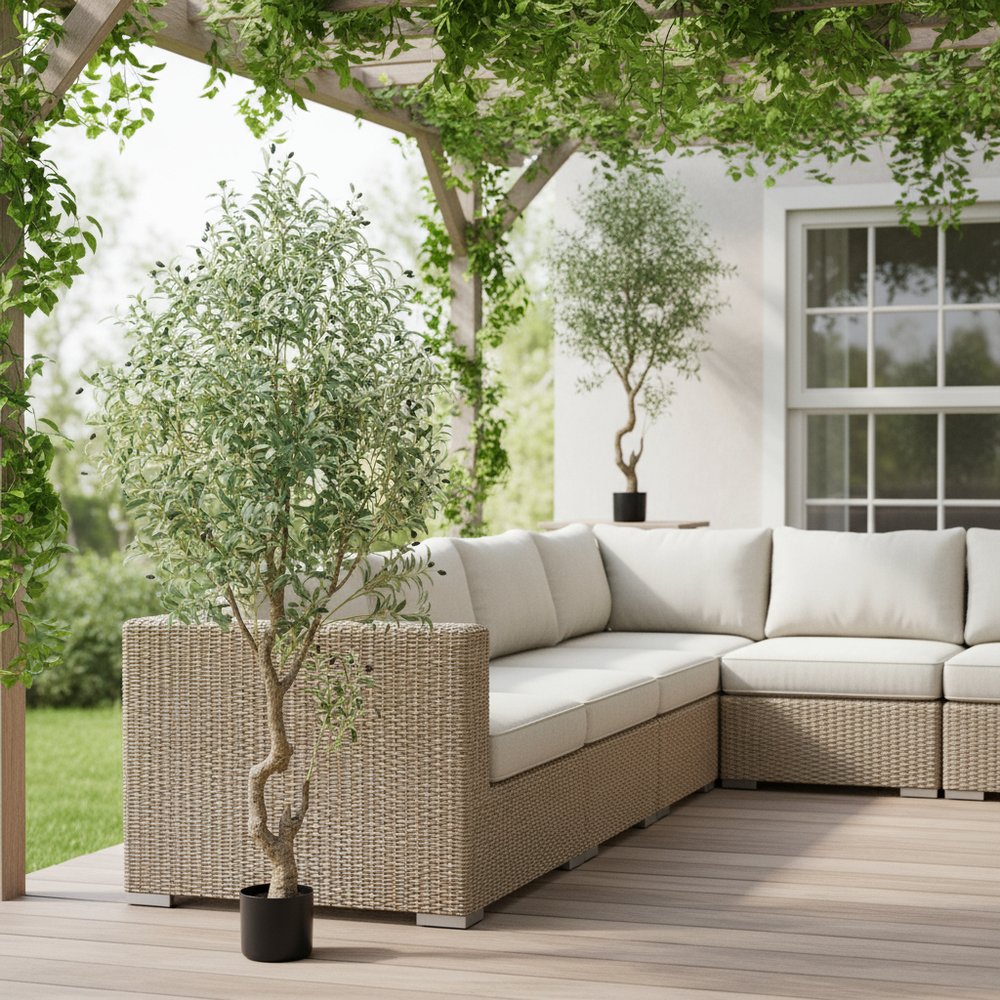 8" Green Artificial Olive In Cylindrical Black Cement Pot