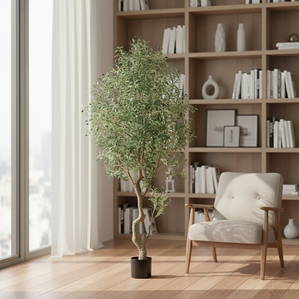 87" Green Artificial Olive Tree In Cylindrical Black Cement Pot