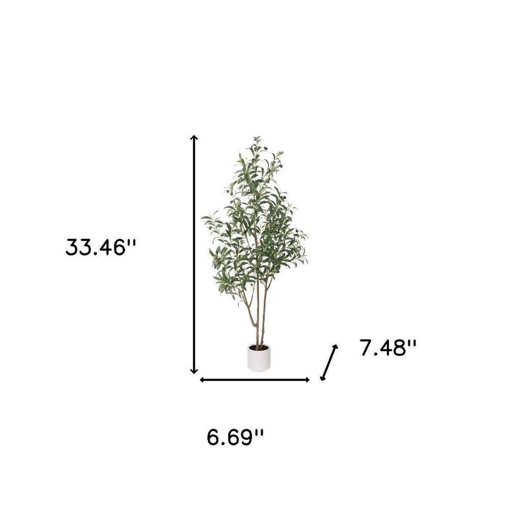 7" Green Artificial Olive In Cylindrical White Cement Pot