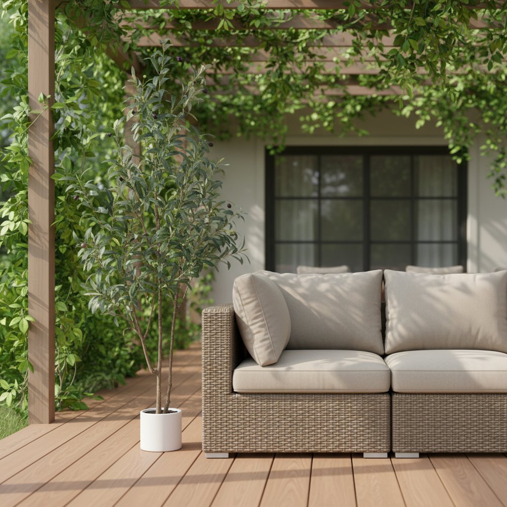 7" Green Artificial Olive In Cylindrical White Cement Pot