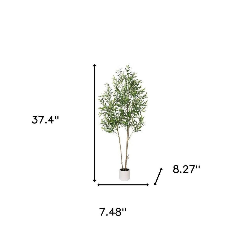 7" Green Artificial Olive In Cylindrical White Cement Pot