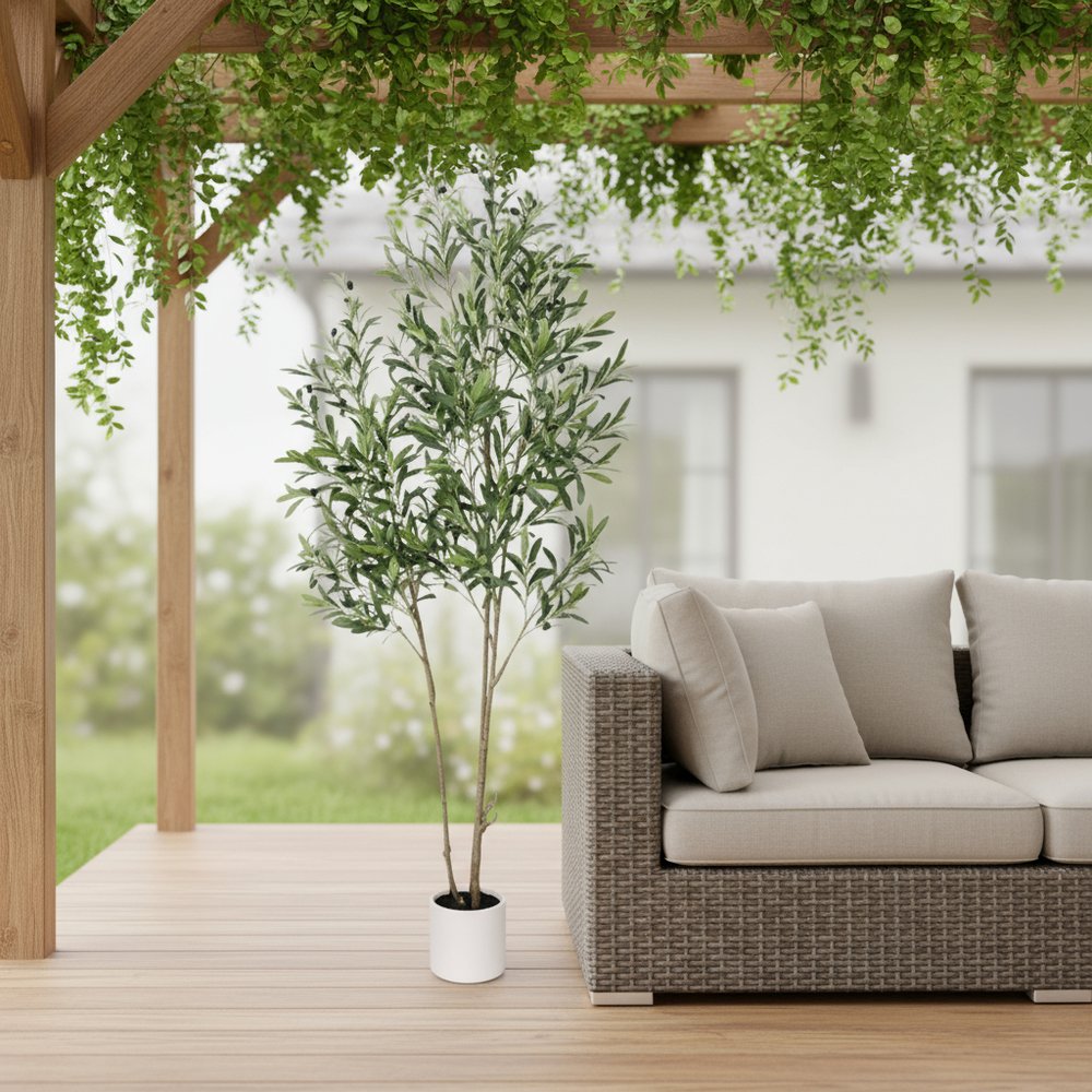 7" Green Artificial Olive In Cylindrical White Cement Pot