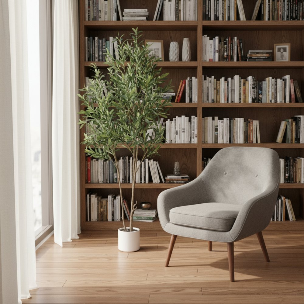 71" Green Artificial Olive Tree In Cylindrical White Cement Pot