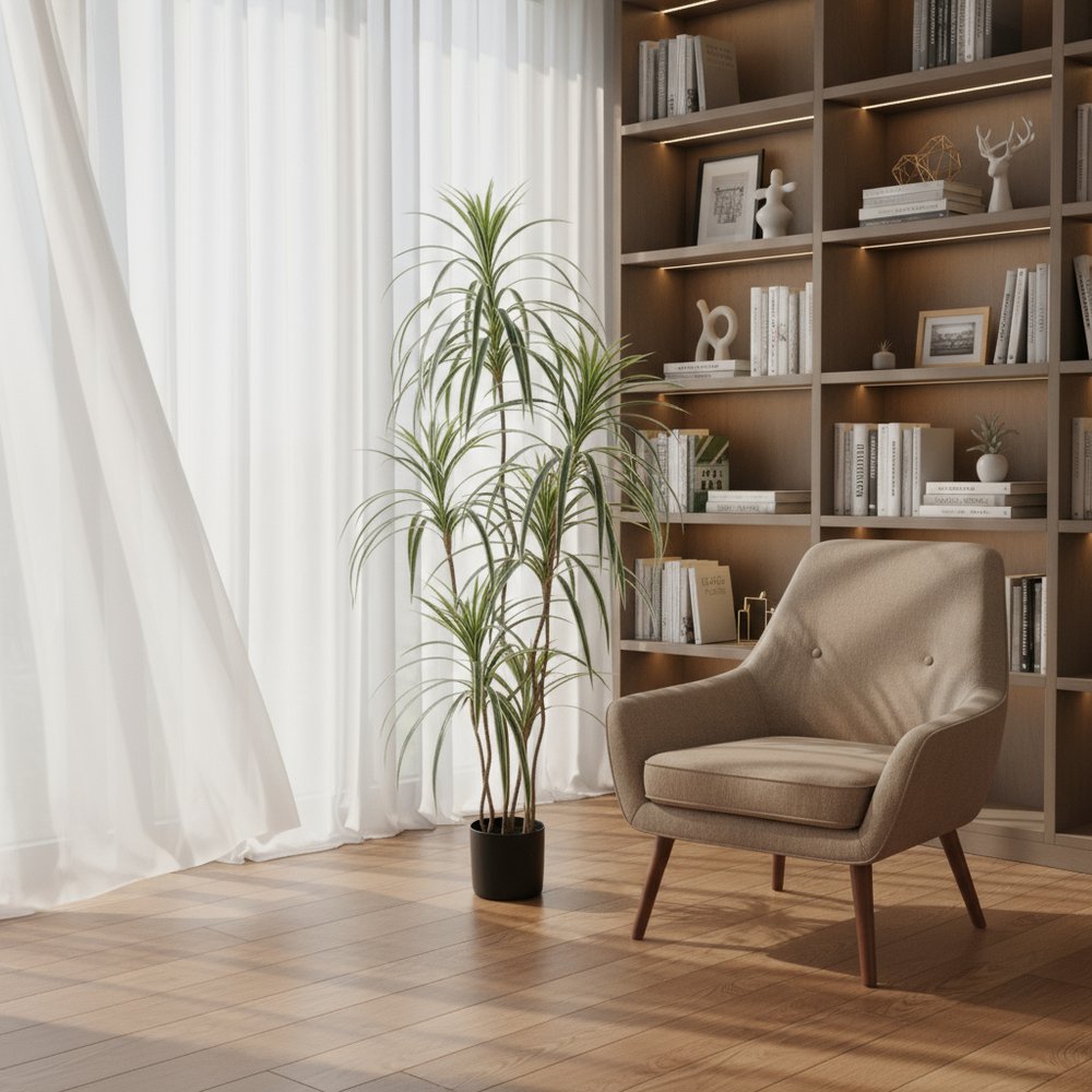 7" Green Artificial Dracaena In Cylindrical Black Cement Pot