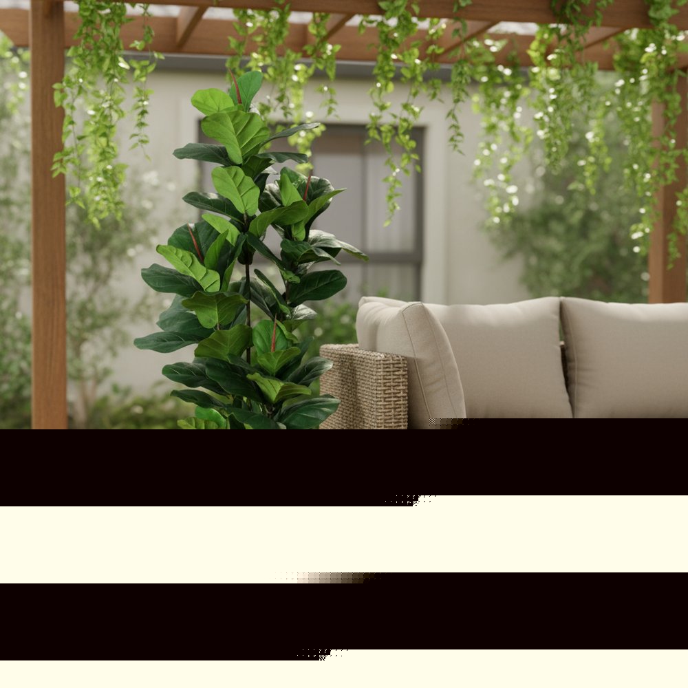 7" Green Artificial Fiddle Leaf In Cylindrical Black Cement Pot