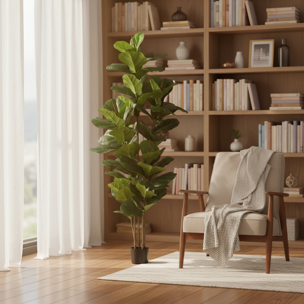 7" Green Artificial Fiddle Leaf In Cylindrical Black Cement Pot