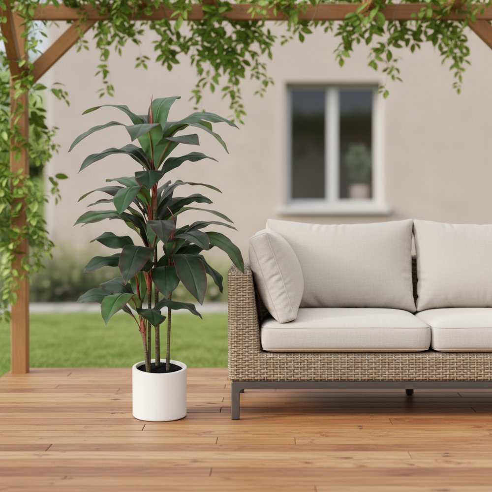 7" Green Artificial Dracaena In Cylindrical White Cement Pot