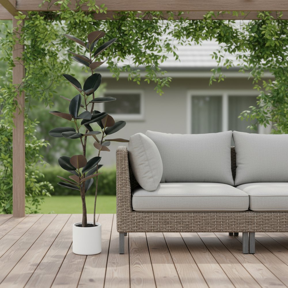 71" Black Artificial Rubber Tree In Cylindrical White Cement Pot