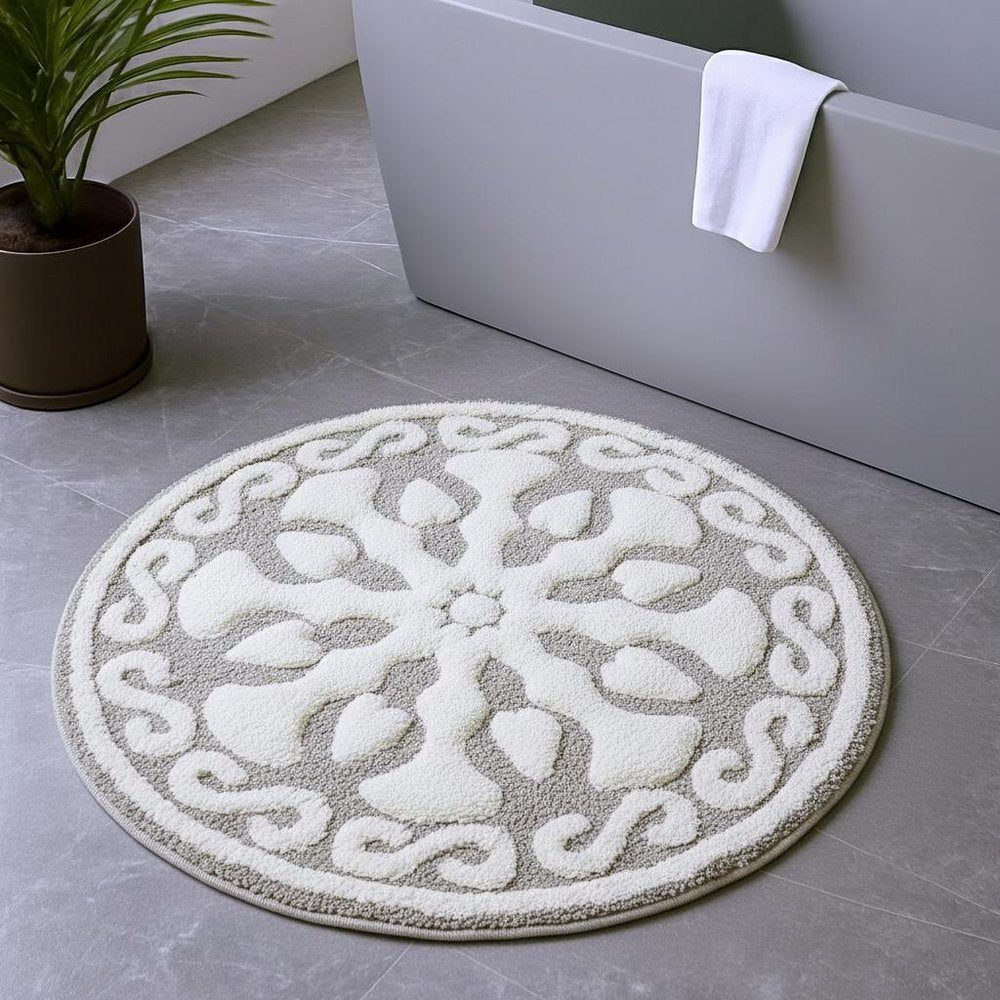 25" Taupe And White Cotton Round Medallion Bath Rug