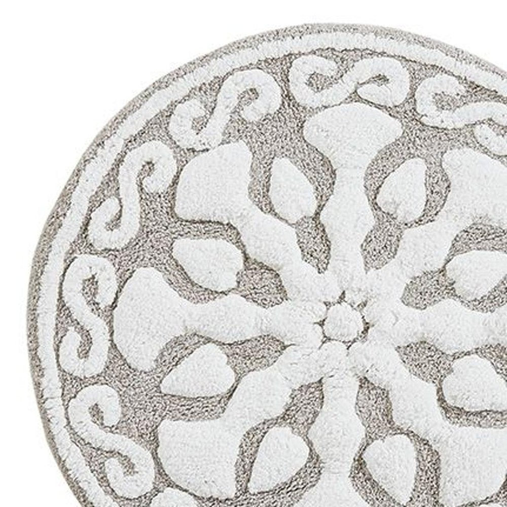 25" Taupe And White Cotton Round Medallion Bath Rug