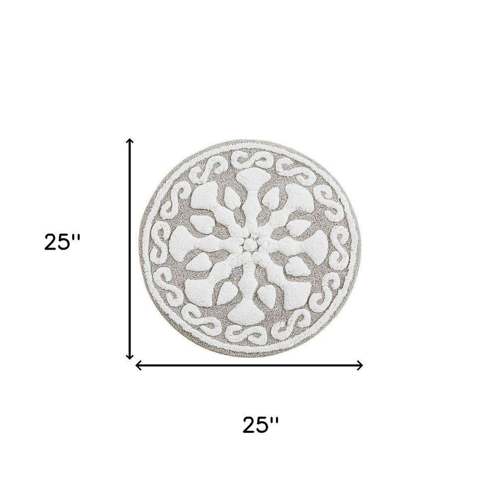 25" Taupe And White Cotton Round Medallion Bath Rug