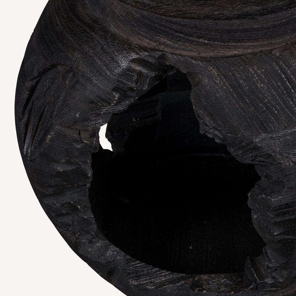14" Black Solid Wood Table Vase With Sculptural Details