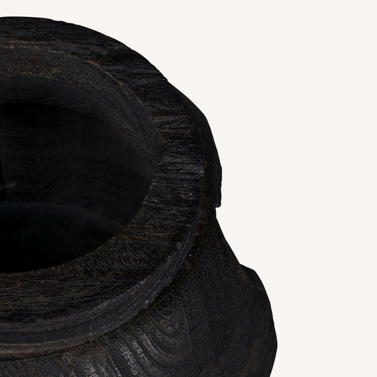 14" Black Solid Wood Table Vase With Sculptural Details