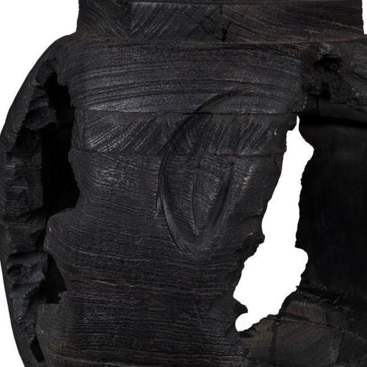 14" Ebony And Black Abstract Solid Wood Table Vase With Sculptural Details