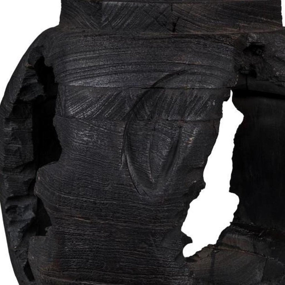 14" Black Solid Wood Table Vase With Sculptural Details