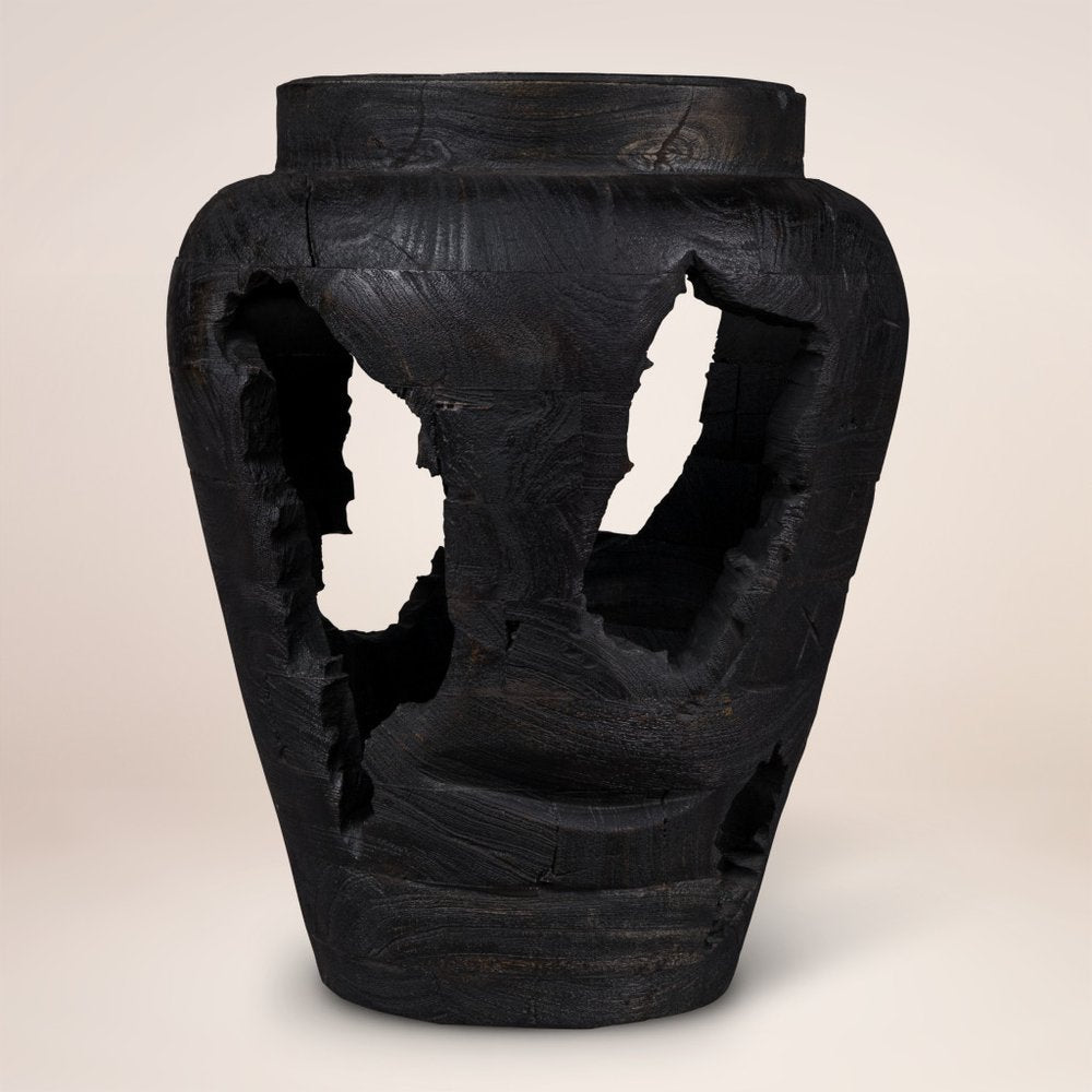 18" Black Solid Wood Table Vase With Sculptural Details