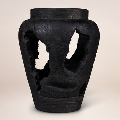 18" Black Solid Wood Table Vase With Sculptural Details