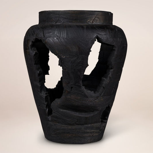 18" Black Solid Wood Table Vase With Sculptural Details
