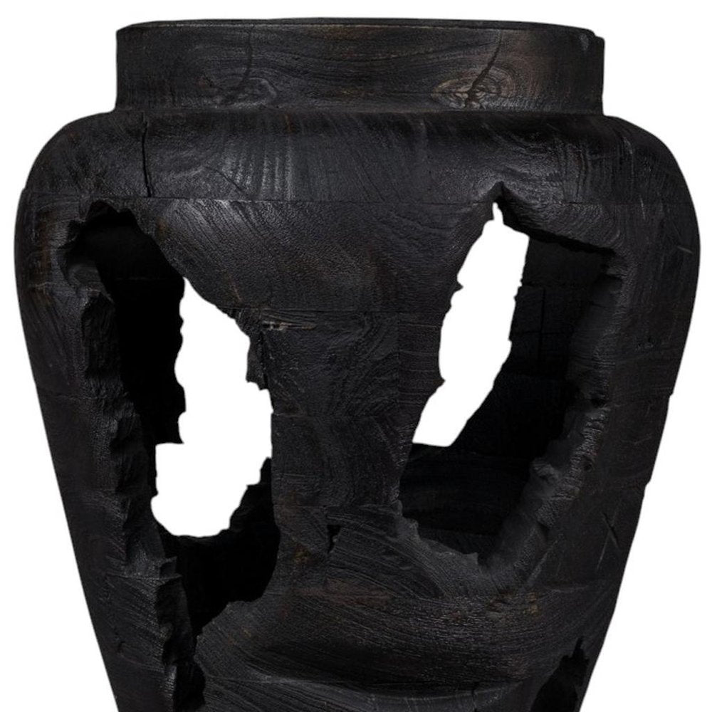 18" Black Solid Wood Table Vase With Sculptural Details