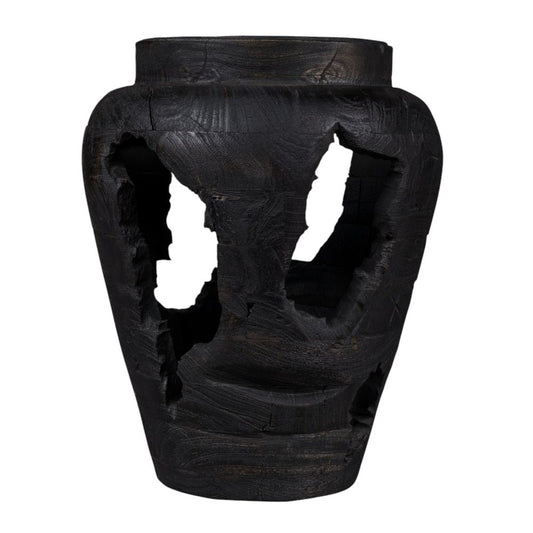 18" Black Solid Wood Table Vase With Sculptural Details