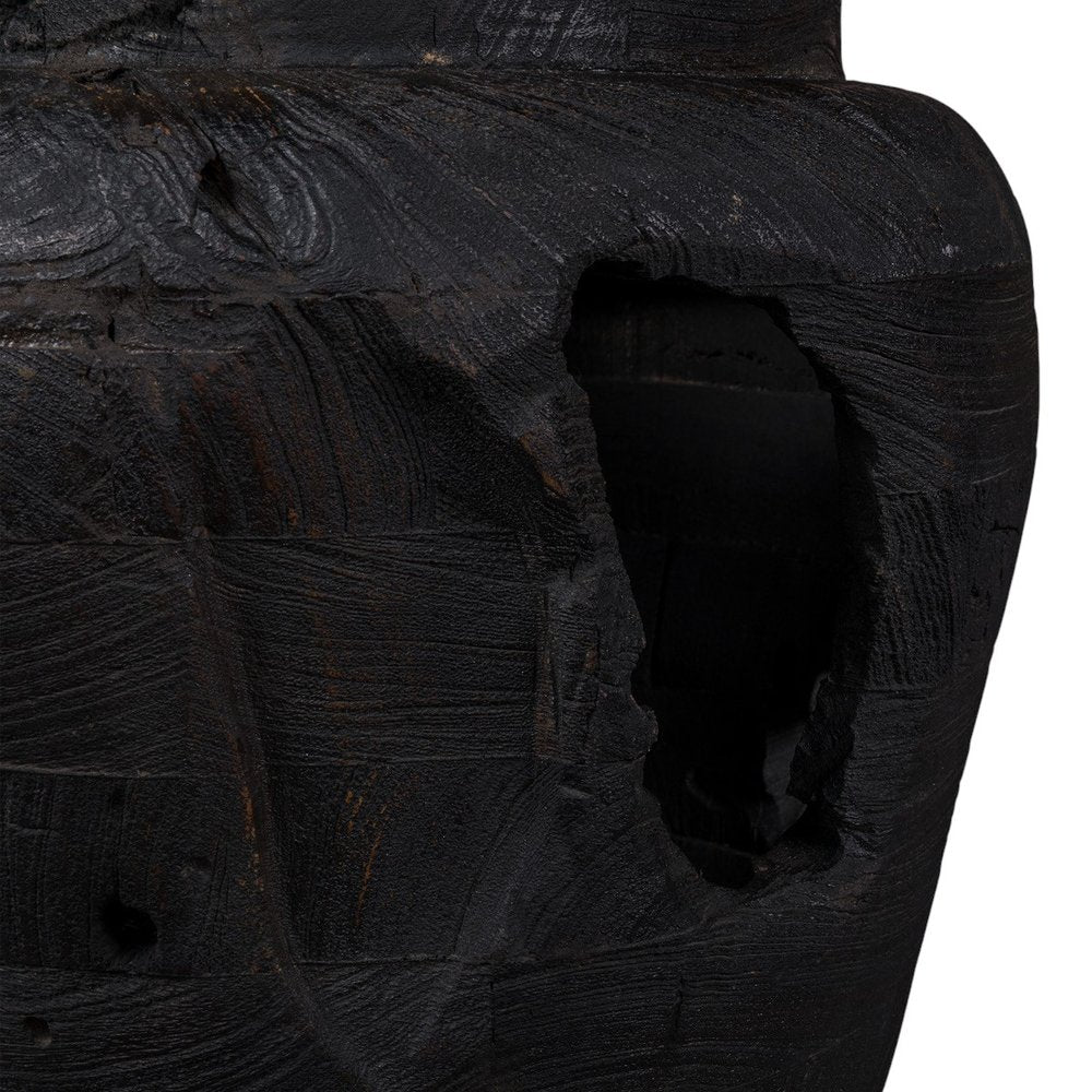 18" Black Solid Wood Table Vase With Sculptural Details