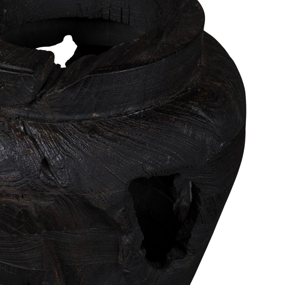 18" Black Solid Wood Table Vase With Sculptural Details
