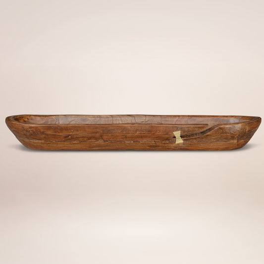 42" Brown And Gold Reclaimed Wood Asymmetrical Edge Oval Centerpiece Bowl