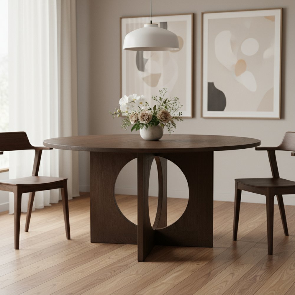 60" Brown Wood Pedestal Base Round Top Dining Table