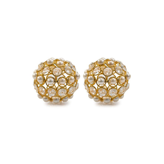 Set of Two 5" Gold Clear And Ivory Metal Faux Crystal And Pearl Decorative Orbs