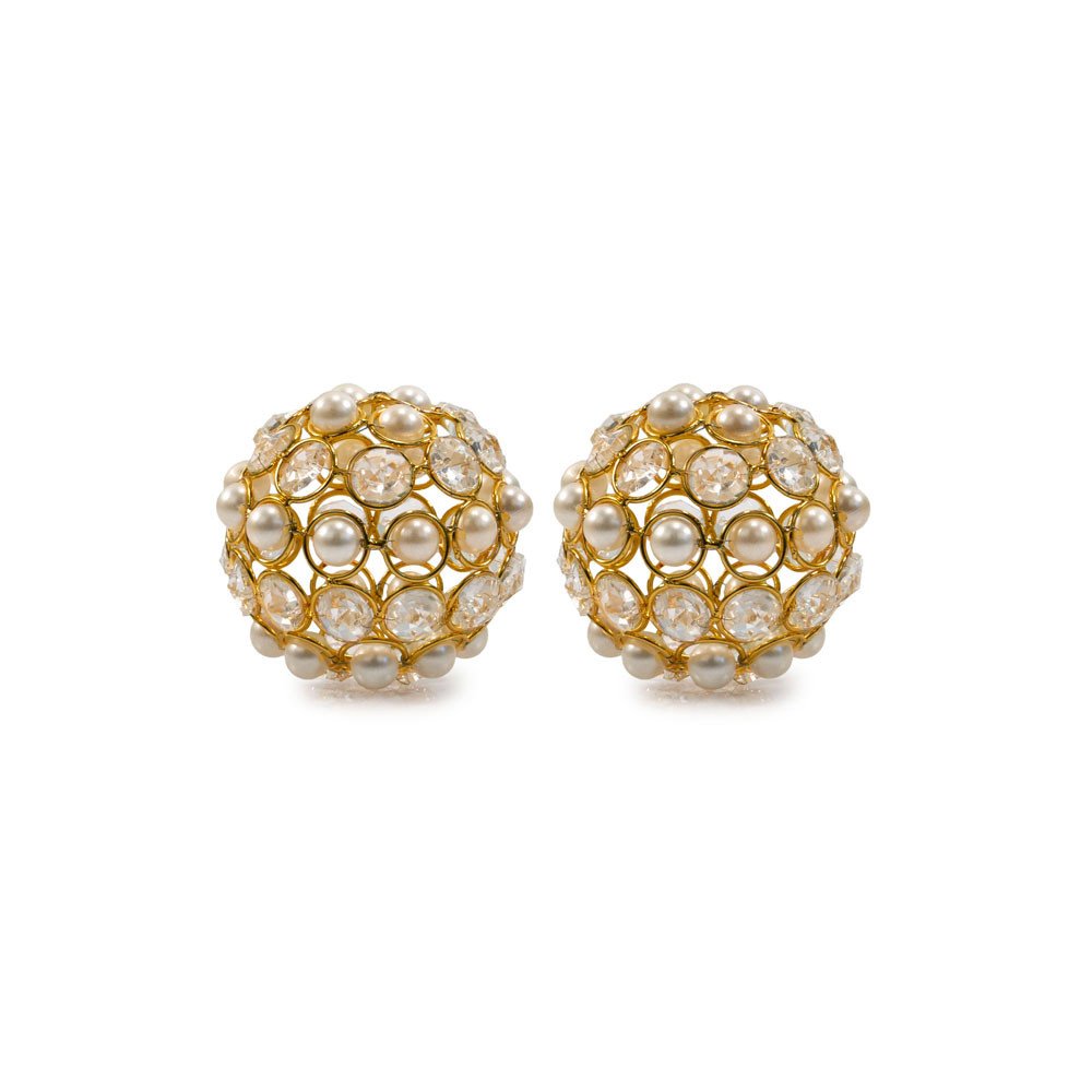 Set of Two 5" Gold Clear And Ivory Metal Faux Crystal And Pearl Decorative Orbs