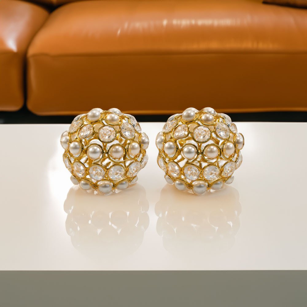 Set of Two 5" Gold Clear And Ivory Metal Faux Crystal And Pearl Decorative Orbs