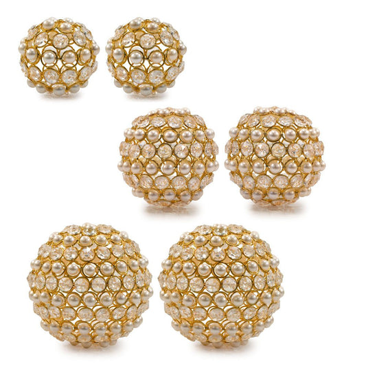 Set of Two 5" Gold Clear And Ivory Metal Faux Crystal And Pearl Decorative Orbs