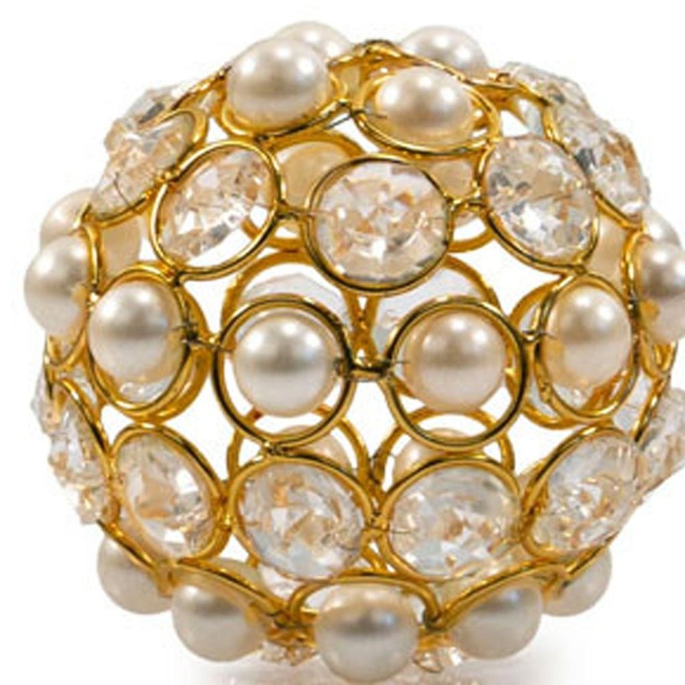 Set of Two 5" Gold Clear And Ivory Metal Faux Crystal And Pearl Decorative Orbs