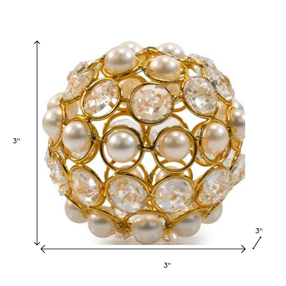 Set of Two 5" Gold Clear And Ivory Metal Faux Crystal And Pearl Decorative Orbs