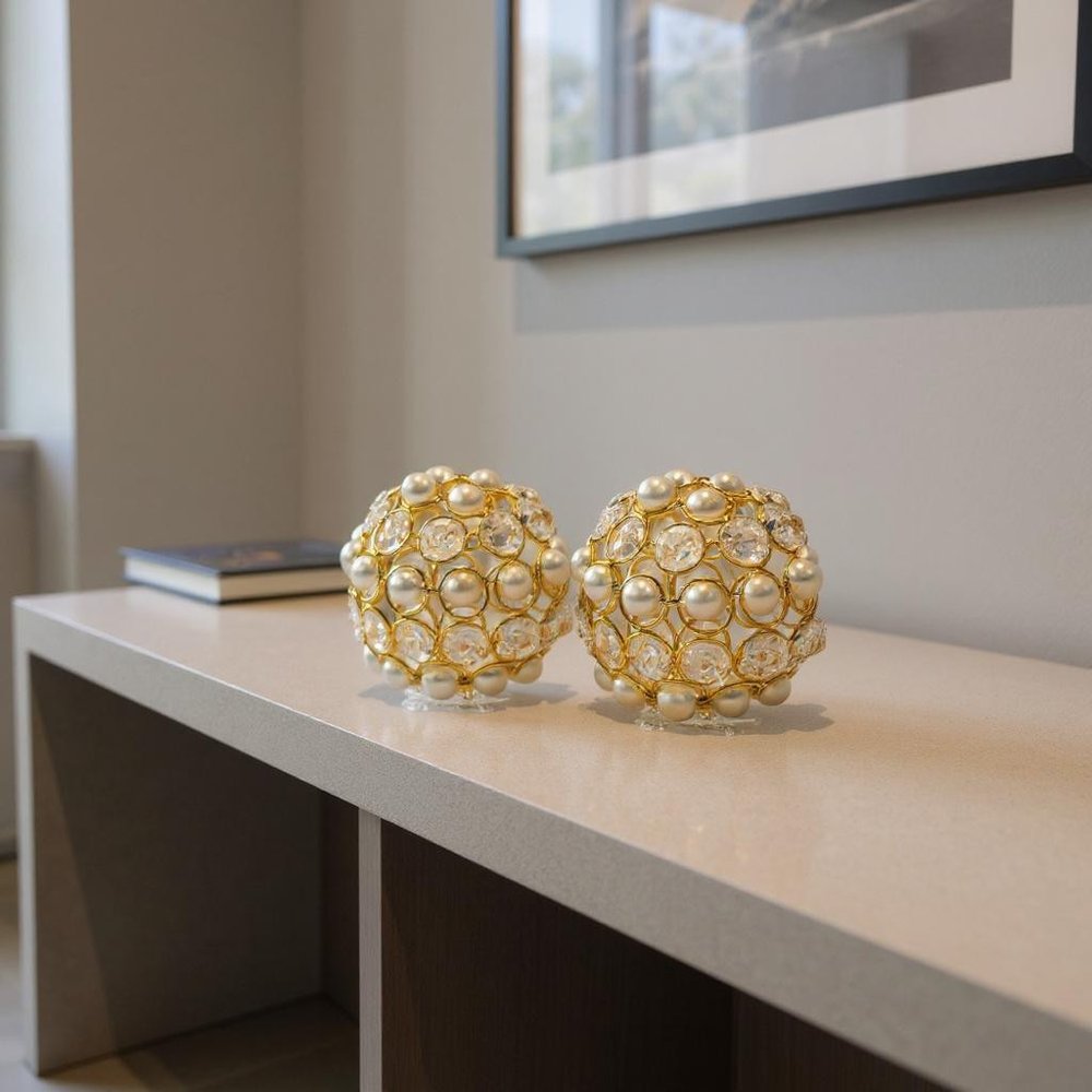 Set of Two 5" Gold Clear And Ivory Metal Faux Crystal And Pearl Decorative Orbs