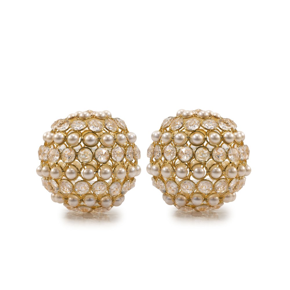 Set of Two 5" Gold Clear And Ivory Metal Faux Crystal And Pearl Decorative Orbs