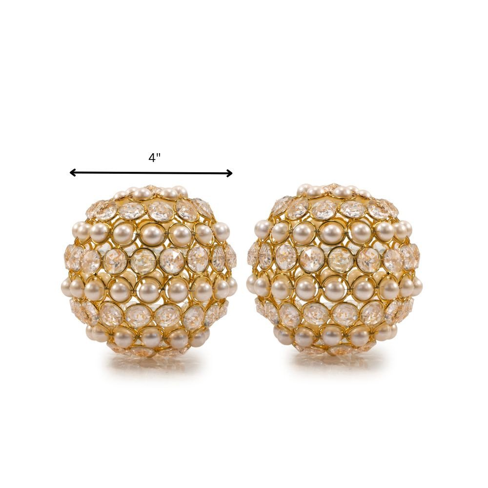Set of Two Gold Ivory And Pearl Faux Crystal And Metal Decorative Orbs