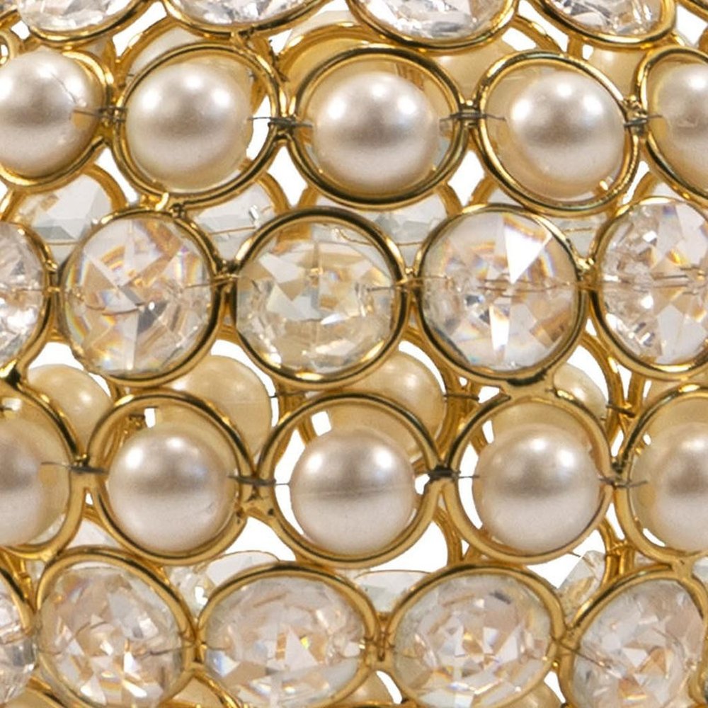 Set of Two 5" Gold Clear And Ivory Metal Faux Crystal And Pearl Decorative Orbs