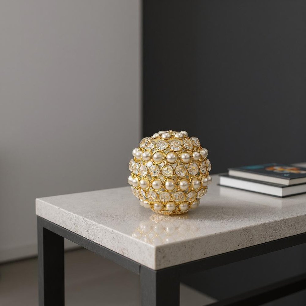 Set of Two Gold Ivory And Pearl Faux Crystal And Metal Decorative Orbs