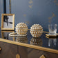 Set of Two 5" Gold Clear And Ivory Metal Faux Crystal And Pearl Decorative Orbs